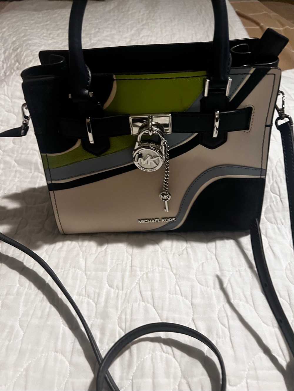 Michael Kors Colorblock Leather Satchel in Black, Cream & Lime
